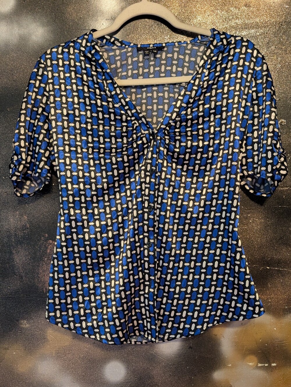 Takara Blue and Black Geometric V-Neck Blouse